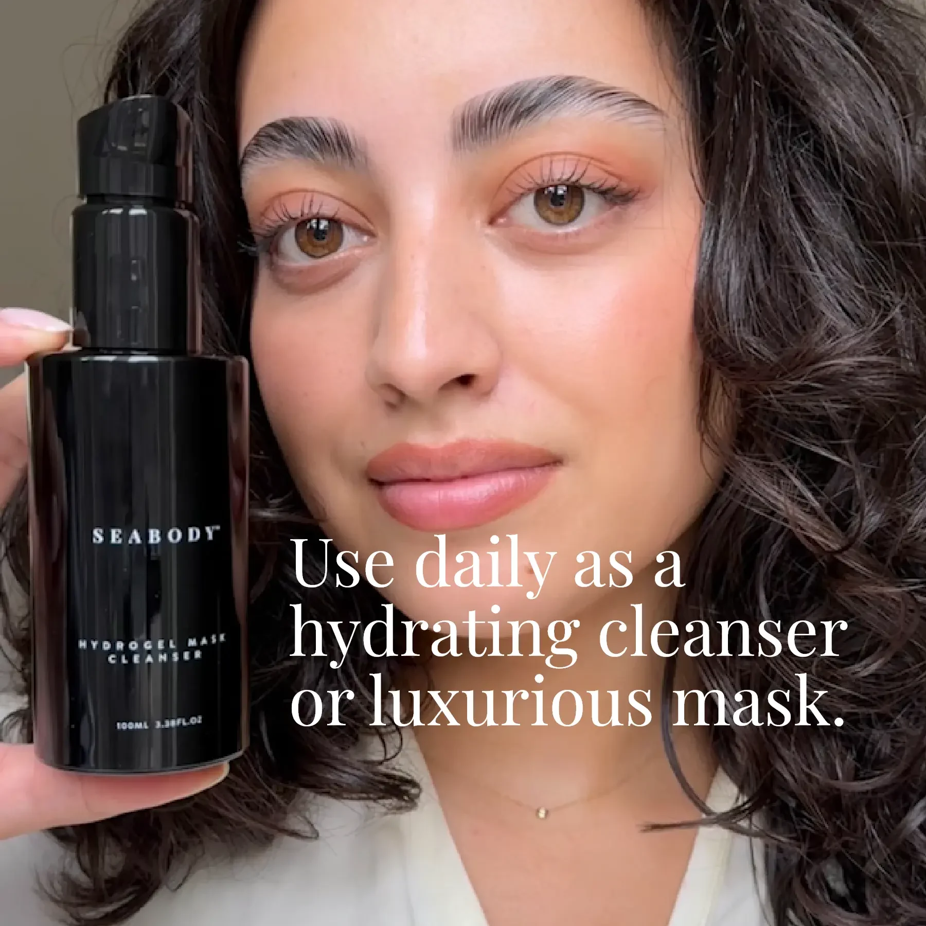 Seabody Hydrogel Mask Cleanser Woman holding Seabody Hydrogel Mask Cleanser